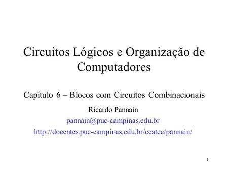 Circuitos Lógicos e Organização de Computadores Capítulo 6 – Blocos com Circuitos Combinacionais Ricardo Pannain pannain@puc-campinas.edu.br http://docentes.puc-campinas.edu.br/ceatec/pannain/