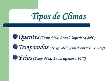 Tipos de Climas Quentes (Temp. Méd. Anual Superior a 20ºC)