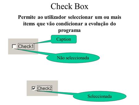 Check Box Caption Permite ao utilizador seleccionar um ou mais items que vão condicionar a evolução do programa Não seleccionada Seleccionada.