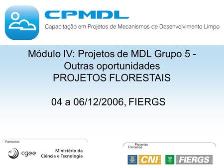 Módulo IV: Projetos de MDL Grupo 5 - Outras oportunidades PROJETOS FLORESTAIS 04 a 06/12/2006, FIERGS.