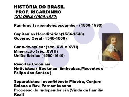 HISTÓRIA DO BRASIL PROF. RICARDINHO COLÔNIA ( )