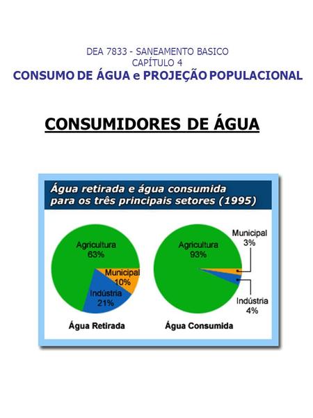 DEA 7833 - SANEAMENTO BASICO CAPÍTULO 4 CONSUMO DE ÁGUA e PROJEÇÃO POPULACIONAL CONSUMIDORES DE ÁGUA http://www.planetaorganico.com.br/aguauso.htm.