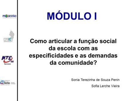 MÓDULO I Como articular a função social da escola com as especificidades e as demandas da comunidade? Sonia Terezinha de Souza Penin Sofia Lerche Vieira.