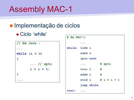 Assembly MAC-1 Implementação de ciclos Ciclo ‘while’ // Em Java : ...