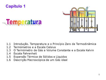 Capítulo 1 Temperatura 1.1 Introdução. Temperatura e o Princípio Zero da Termodinâmica 1.2 Termómetros e a Escala Celsius 1.3 O Termómetro de Gás.