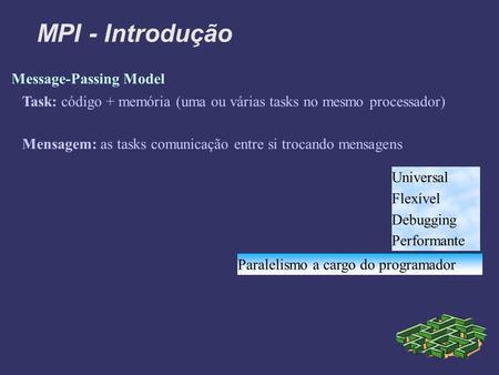 MPI - Introdução Message-Passing Model Task: código + memória (uma ou várias tasks no mesmo processador) Mensagem: as tasks comunicação entre si trocando.