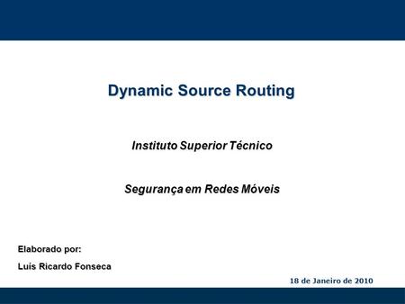 18 de Janeiro de 2010 Dynamic Source Routing Segurança em Redes Móveis Elaborado por: Luís Ricardo Fonseca Instituto Superior Técnico.
