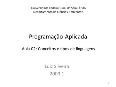Programação Aplicada Luiz Silveira 2009.1 Universidade Federal Rural do Semi-Árido Departamento de Ciências Ambientais Aula 02: Conceitos e tipos de linguagens.