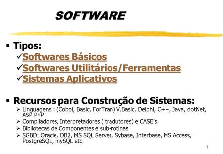 SOFTWARE Tipos: Softwares Básicos Softwares Utilitários/Ferramentas