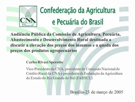 Audiência Pública da Comissão de Agricultura, Pecuária, Abastecimento e Desenvolvimento Rural destinada a discutir a elevação dos preços dos insumos e.