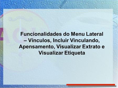 Funcionalidades do Menu Lateral – Vínculos, Incluir Vinculando, Apensamento, Visualizar Extrato e Visualizar Etiqueta.