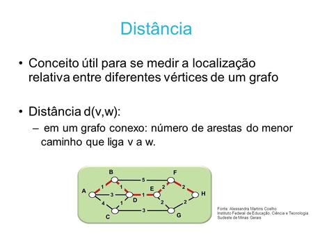 Distância Conceito útil para se medir a localização relativa entre diferentes vértices de um grafo Distância d(v,w): em um grafo conexo: número de arestas.