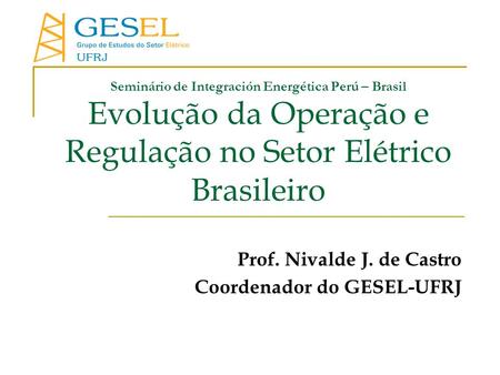 Prof. Nivalde J. de Castro Coordenador do GESEL-UFRJ
