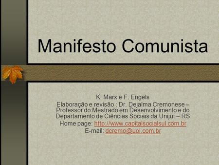 Manifesto Comunista K. Marx e F. Engels