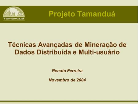 Técnicas Avançadas de Mineração de Dados Distribuída e Multi-usuário Renato Ferreira Novembro de 2004 Projeto Tamanduá