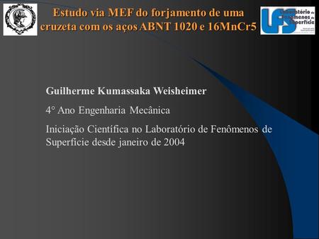 Estudo via MEF do forjamento de uma cruzeta com os aços ABNT 1020 e 16MnCr5 Guilherme Kumassaka Weisheimer 4° Ano Engenharia Mecânica Iniciação Científica.
