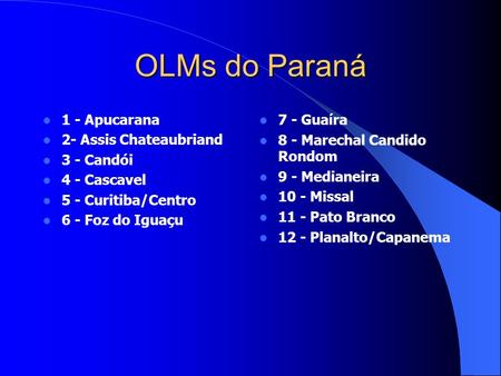 OLMs do Paraná 1 - Apucarana 2- Assis Chateaubriand 3 - Candói