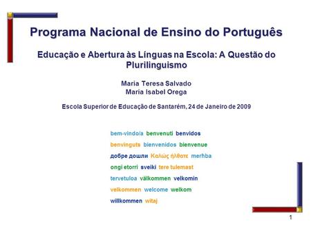 Programa Nacional de Ensino do Português Educação e Abertura às Línguas na Escola: A Questão do Plurilinguismo Maria Teresa Salvado Maria Isabel Orega.