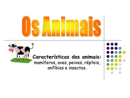 Os Animais Características dos animais: mamíferos, aves, peixes, répteis, anfíbios e insectos.