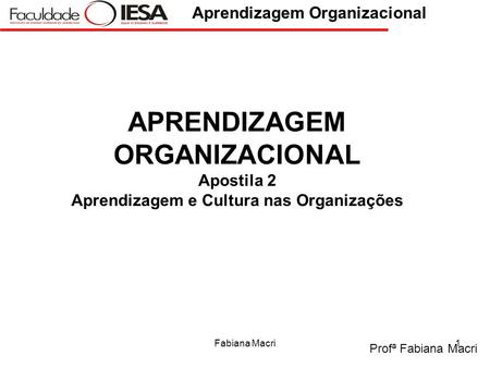 APRENDIZAGEM ORGANIZACIONAL Apostila 2 Aprendizagem e Cultura nas Organizações Fabiana Macri.