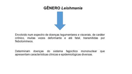 GÊNERO Leishmania Envolvido num espectro de doenças tegumentares e viscerais, de caráter crônico, muitas vezes deformante e até fatal, transmitidas por.