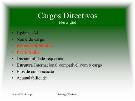 Internal WorkshopStrategy Weekend Cargos Directivos (descrição) 1 página A4 Nome do cargo Responsabilidades Perfil/Skills Disponibilidade requerida Estrutura.