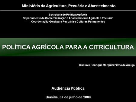 Brasília, 07 de julho de 2009 Secretaria de Política Agrícola Departamento de Comercialização e Abastecimento Agrícola e Pecuário Coordenação-Geral para.