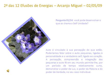 2ª das 12 Efusões de Energias – Arcanjo Miguel – 02/05/09 Pergunta 01/14: você pode desenvolver o que se chama o Self Unidade? Auto é vinculado à sua.