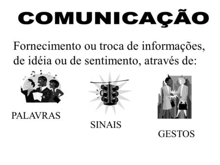 COMUNICAÇÃO Fornecimento ou troca de informações, de idéia ou de sentimento, através de: PALAVRAS SINAIS GESTOS.
