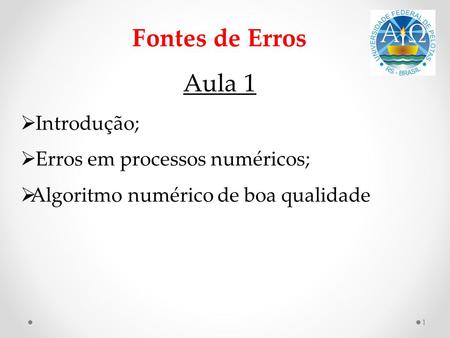 Fontes de Erros Aula 1 Introdução; Erros em processos numéricos;