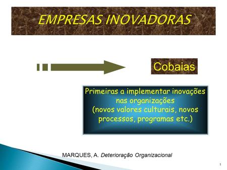 1 Cobaias Primeiras a implementar inovações nas organizações (novos valores culturais, novos processos, programas etc.) MARQUES, A. Deterioração Organizacional.