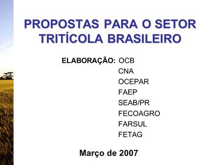 PROPOSTAS PARA O SETOR TRITÍCOLA BRASILEIRO ELABORAÇÃO: OCB CNA OCEPAR FAEP SEAB/PR FECOAGRO FARSUL FETAG Março de 2007.