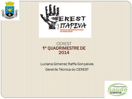 1 º QUADRIMESTRE DE 2014 CEREST 1 º QUADRIMESTRE DE 2014 Luciana Gimenez Raffa Gonçalves Gerente Técnica do CEREST.