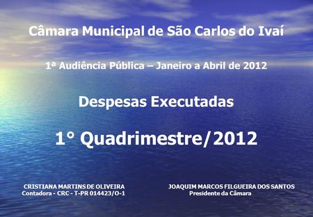 Câmara Municipal de São Carlos do Ivaí 1ª Audiência Pública – Janeiro a Abril de 2012 Despesas Executadas 1° Quadrimestre/2012 CRISTIANA MARTINS DE OLIVEIRA.