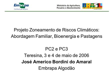 Projeto Zoneamento de Riscos Climáticos: Abordagem Familiar, Bioenergia e Pastagens PC2 e PC3 Teresina, 3 e 4 de maio de 2006 José Americo Bordini do Amaral.
