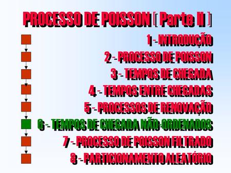 PROCESSO DE POISSON [ Parte II ] 1 - INTRODUÇÃO 2 - PROCESSO DE POISSON 3 - TEMPOS DE CHEGADA 4 - TEMPOS ENTRE CHEGADAS 5 - PROCESSOS DE RENOVAÇÃO 6 -