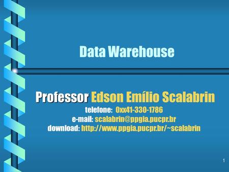 Data Warehouse Professor Edson Emílio Scalabrin telefone: 0xx41-330-1786 e-mail: scalabrin@ppgia.pucpr.br download: http://www.ppgia.pucpr.br/~scalabrin.