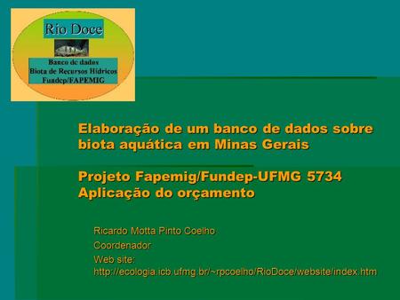 Elaboração de um banco de dados sobre biota aquática em Minas Gerais Projeto Fapemig/Fundep-UFMG 5734 Aplicação do orçamento Ricardo Motta Pinto Coelho.