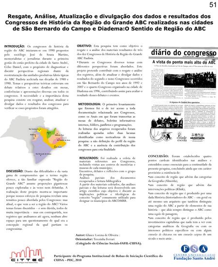 Resgate, Análise, Atualização e divulgação dos dados e resultados dos Congressos de História da Região do Grande ABC realizados nas cidades de São Bernardo.