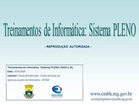 Treinamentos de Informática: Sistemas PLENO, SAGA e SIL Data: 16/04/2009 Instrutor: Paula Bohmerwald – Chefe da Seção de apoio ao usuário de Informática.
