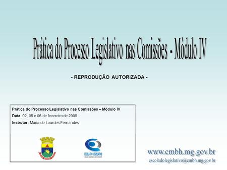 Prática do Processo Legislativo nas Comissões – Módulo IV Data: 02, 05 e 06 de fevereiro de 2009 Instrutor: Maria de Lourdes Fernandes - REPRODUÇÃO AUTORIZADA.