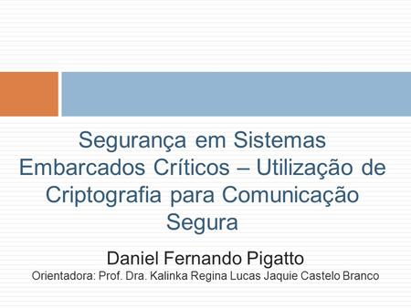 Daniel Fernando Pigatto Orientadora: Prof. Dra
