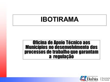 IBOTIRAMA Oficina de Apoio Técnico aos Municípios no desenvolvimento dos processos de trabalho que garantam a regulação.