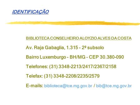 IDENTIFICAÇÃO BIBLIOTECA CONSELHEIRO ALOYZIO ALVES DA COSTA 	Av. Raja Gabaglia, 1.315 - 2º subsolo 	Bairro Luxemburgo - BH/MG - CEP 30.380-090 	Telefones: