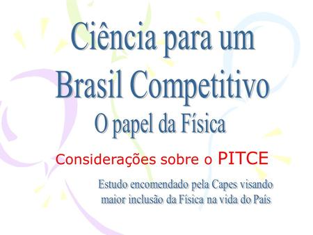 Considerações sobre o PITCE. Física Para um Brasil Competitivo encomendado pela Capes e realizado por Adalberto Fazzio Alaor Chaves Celso Pinto de Melo.