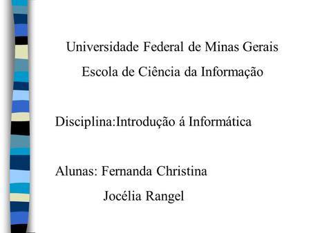 Universidade Federal de Minas Gerais Escola de Ciência da Informação Disciplina:Introdução á Informática Alunas: Fernanda Christina Jocélia Rangel.