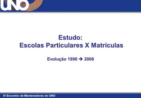 IV Encontro de Mantenedores do UNO Estudo: Escolas Particulares X Matrículas Escolas Particulares X Matrículas Evolução 1996 2006.