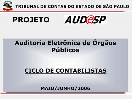 1 X TRIBUNAL DE CONTAS DO ESTADO DE SÃO PAULO PROJETO Auditoria Eletrônica de Órgãos Públicos CICLO DE CONTABILISTAS MAIO/JUNHO/2006.