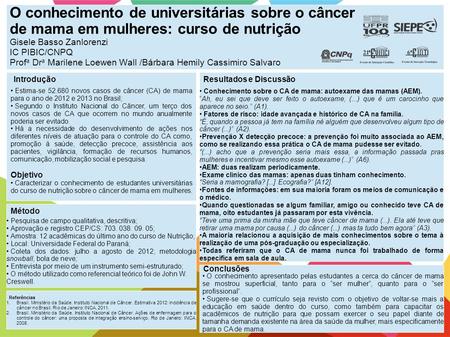 O conhecimento de universitárias sobre o câncer de mama em mulheres: curso de nutrição Gisele Basso Zanlorenzi IC PIBIC/CNPQ Prof a Dr a Marilene Loewen.