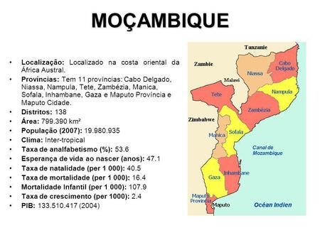MOÇAMBIQUE Localização: Localizado na costa oriental da África Austral. Províncias: Tem 11 províncias: Cabo Delgado, Niassa, Nampula, Tete, Zambézia, Manica,